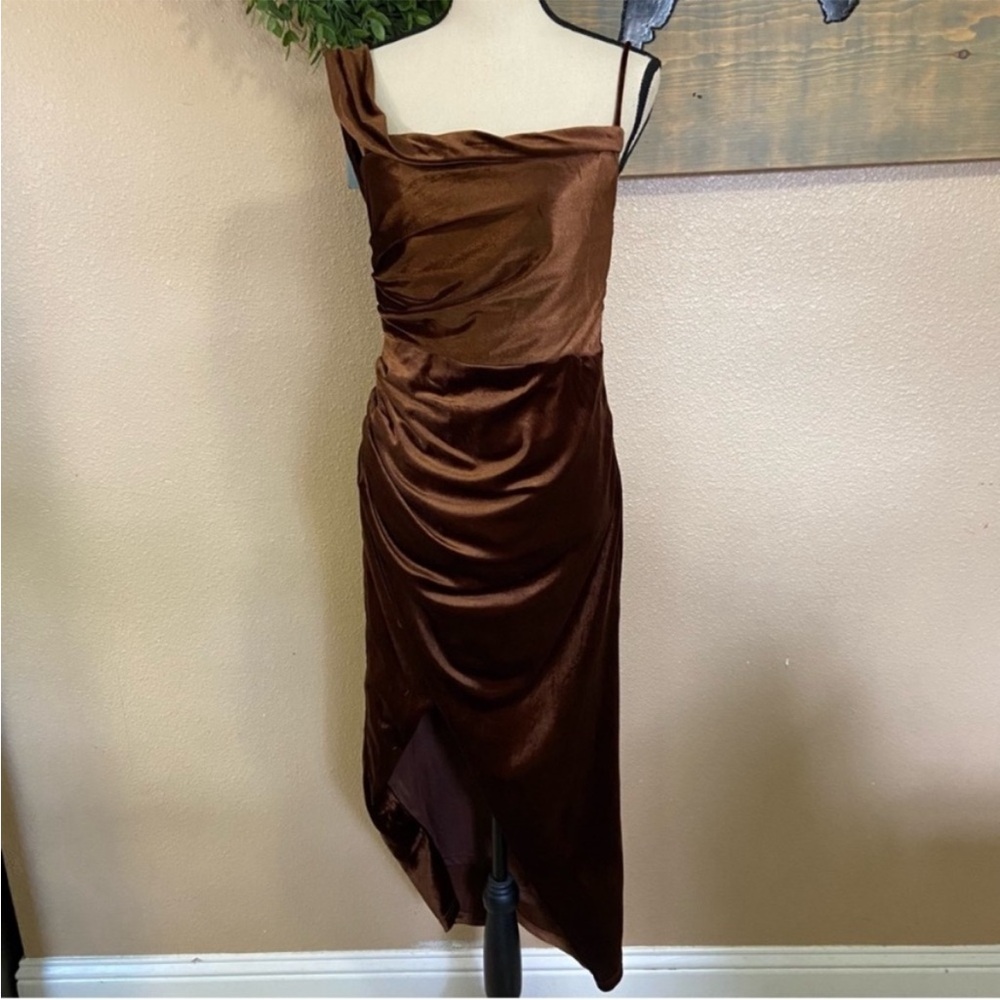 Lulus Showing Off a Little Brown Velvet Asymmetrical Tulip Midi Dress - Picture 9 of 9